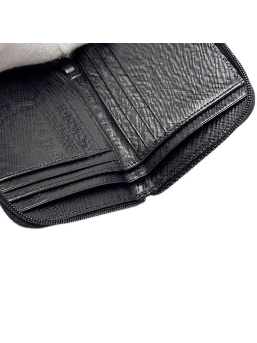 Prada Wallet Bifold Tessuto Nylon Leather Black Gold Zip Around - Picture 13 of 14